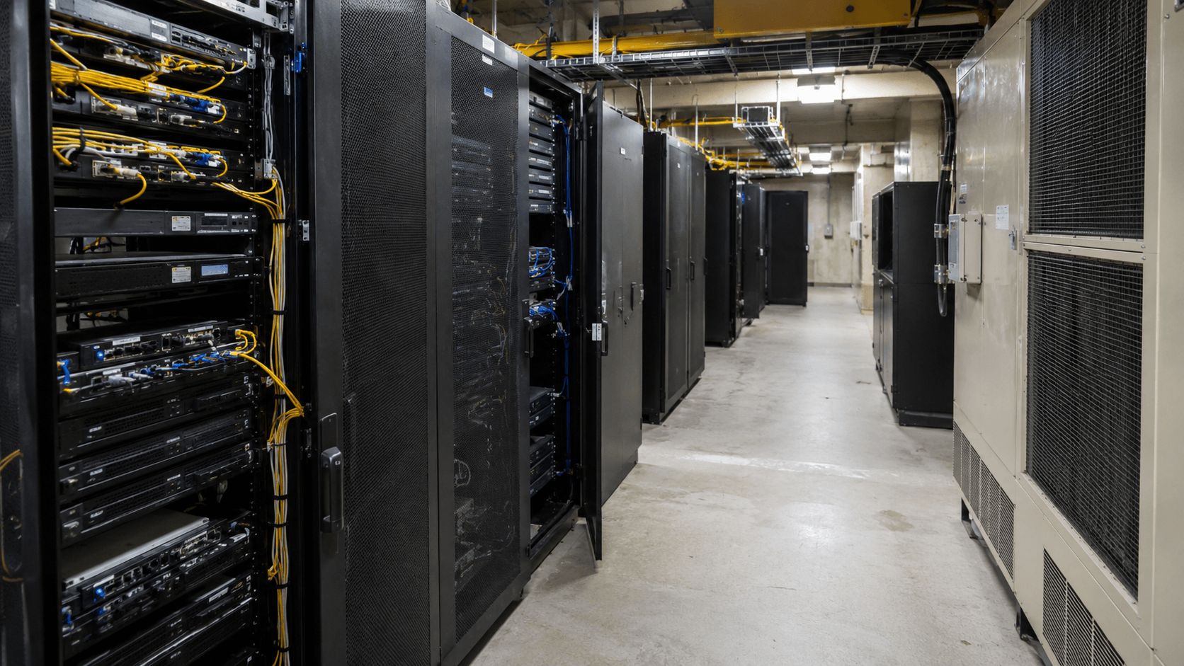 Quiet server room with aging but still functional racks and network equipment