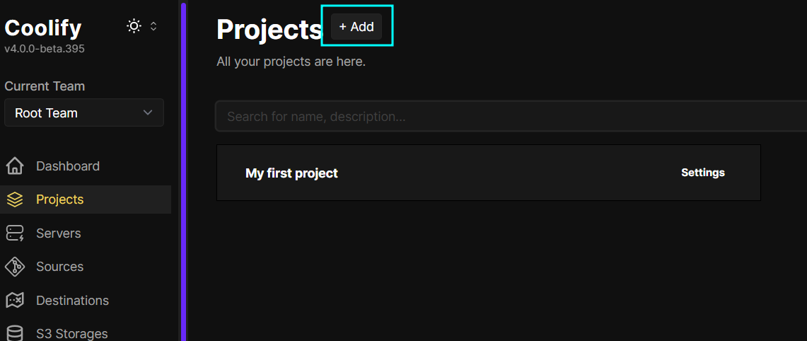 Add a new project in Coolify