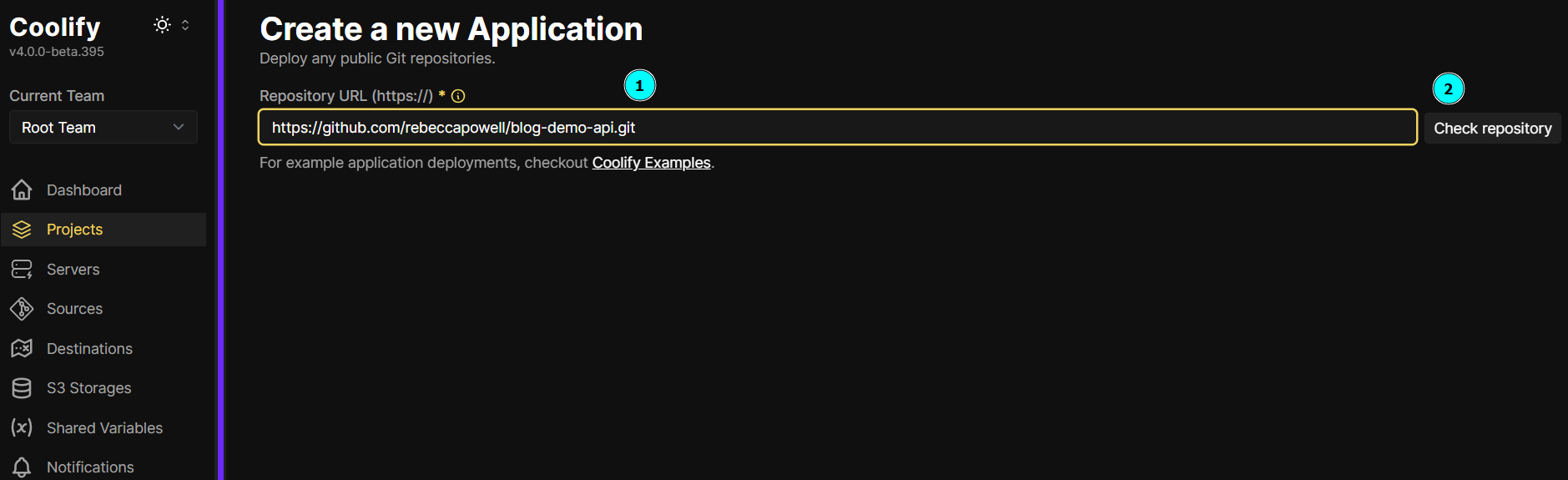 Check the repository in Coolify