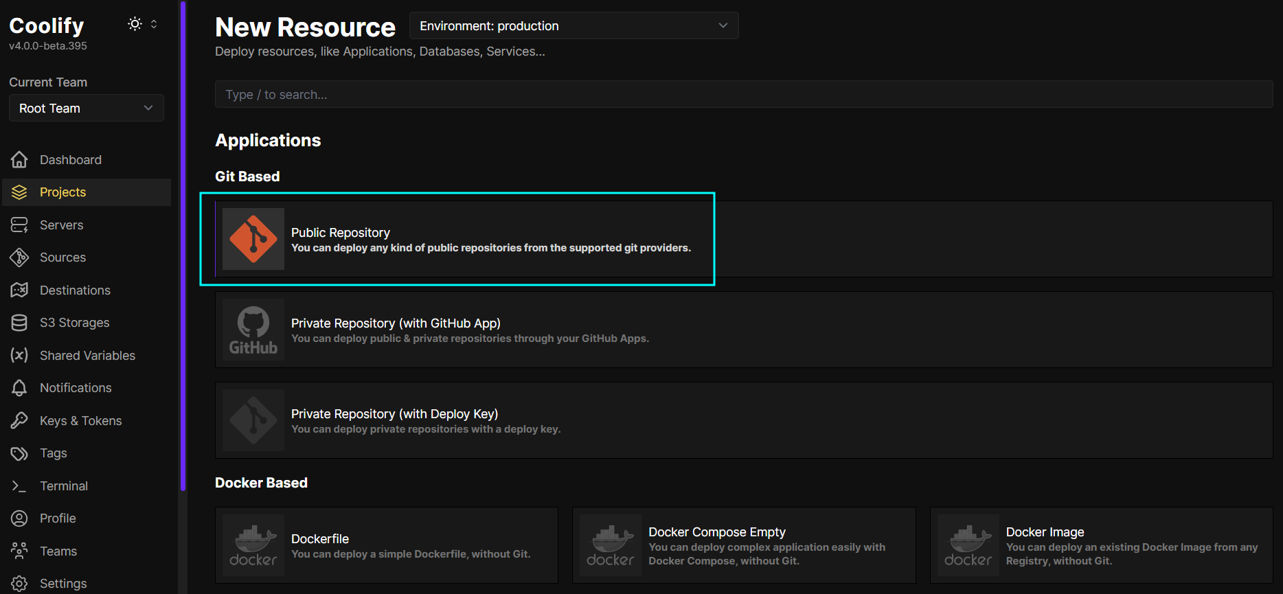 Paste the repository URL in Coolify