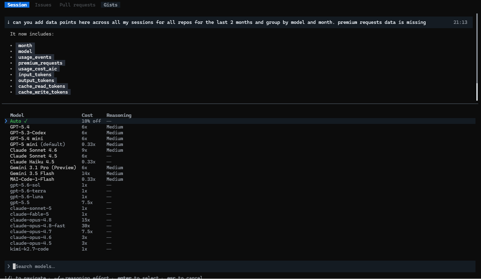 GitHub Copilot CLI model picker showing Auto and model cost multipliers
