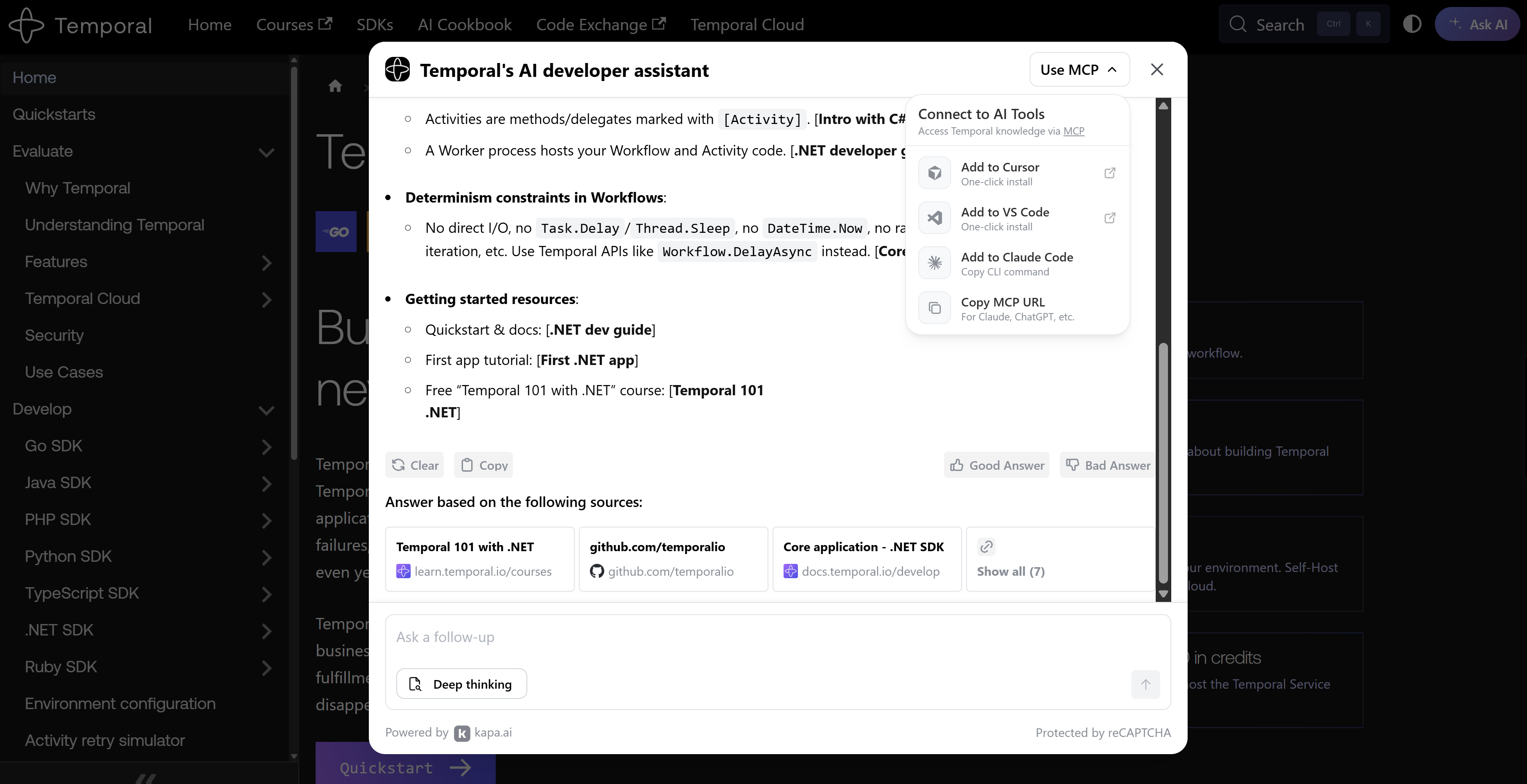 Screenshot: Temporal Docs MCP “Connect to AI Tools” showing “Copy MCP URL”