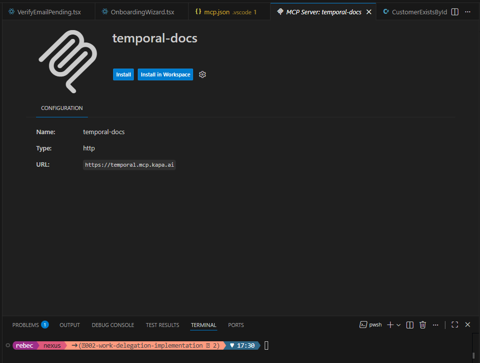 Screenshot: Temporal Docs MCP “Connect to AI Tools” showing “Install in vscode”