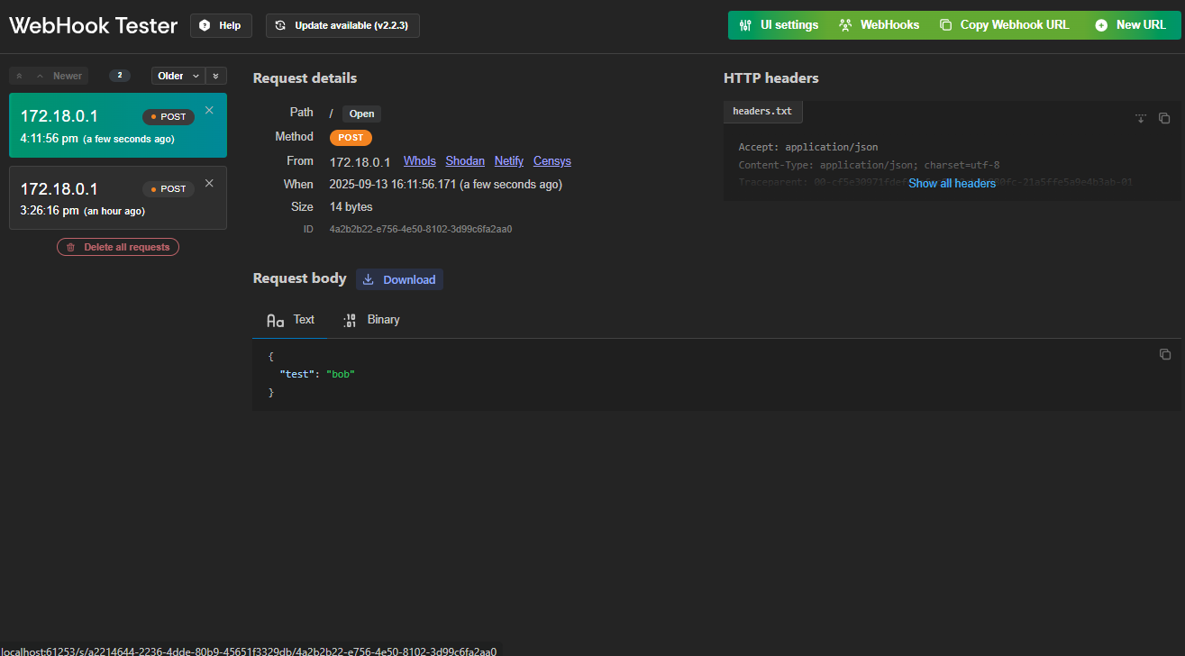 The webhook logs in the Webhooks Tester interface
